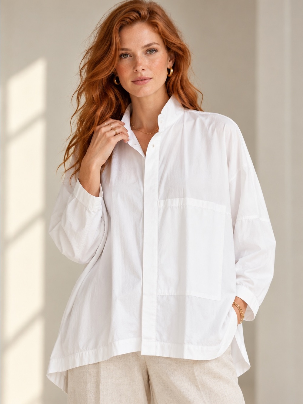 Eskandar Size 1 Small White Cotton Oversized Double Stand Collar Button Up Shirt